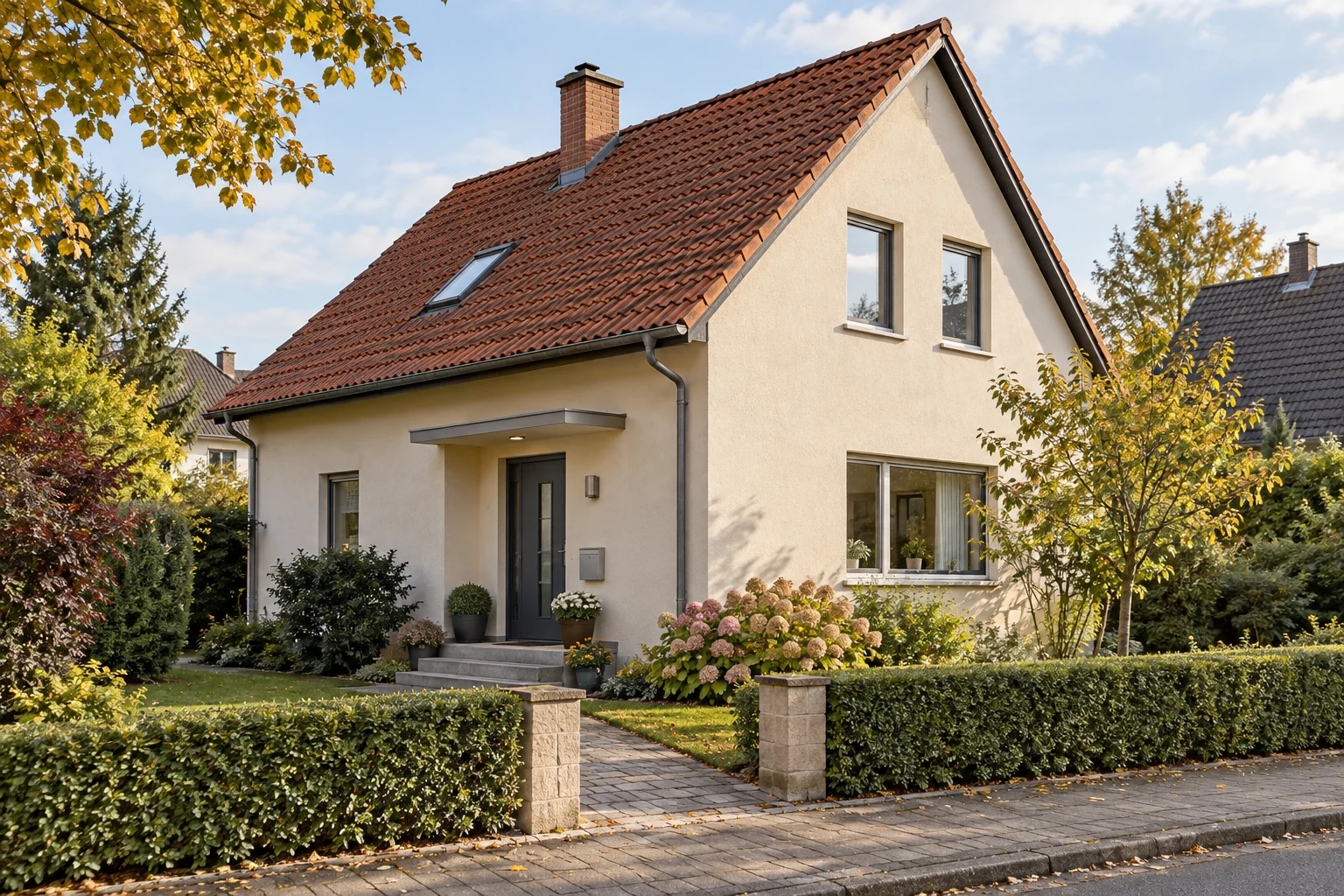Gepflegtes Einfamilienhaus mit hellem Putz, Ziegeldach und grünem Vorgarten.
